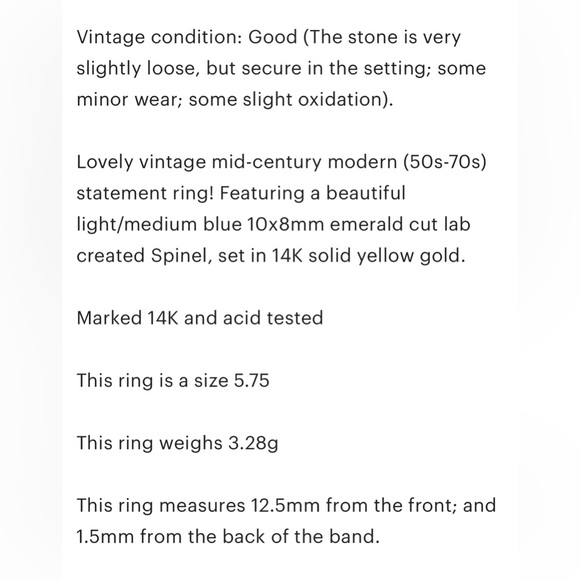 Vintage 14K Gold Lab Created Blue Spinel Ring: Emerald Cut, Mid-Century Modern - Picture 10 of 10